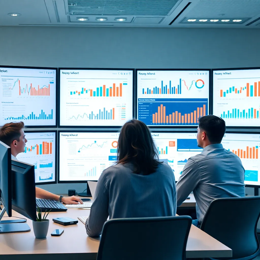 Oficina contable con equipos revisando reportes financieros en múltiples pantallas